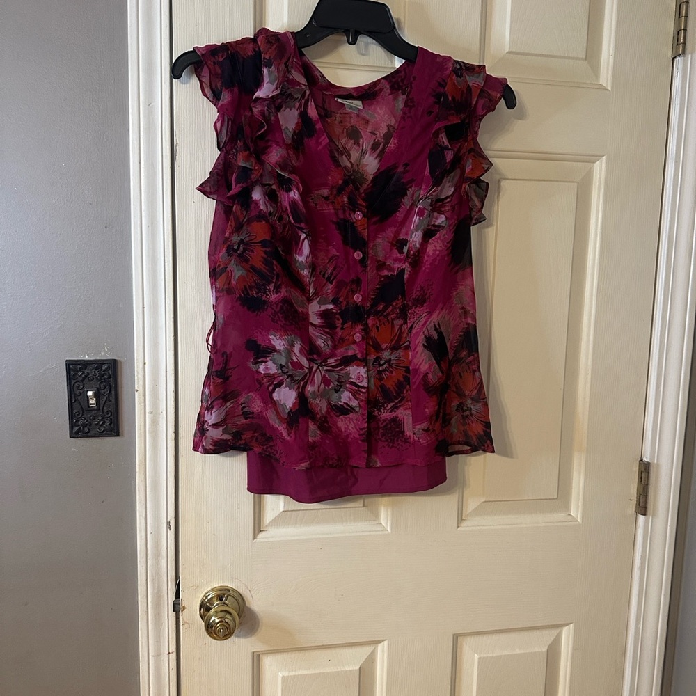 Worthington Floral Ruffle Sleeve Blouse - Burgundy and Black